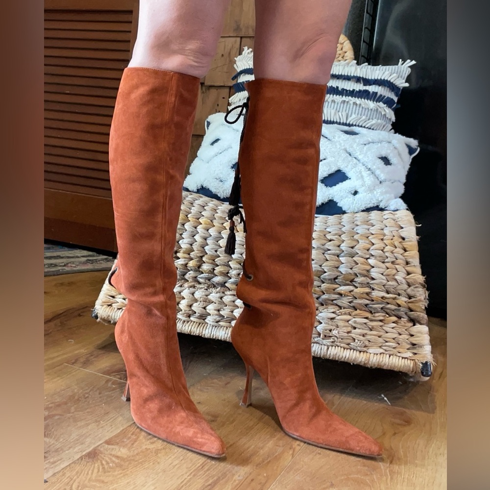 Ashley Dearborn, Elegant Brown/Orange Suede Knee-High Boots, Lace Up, Size 9.5